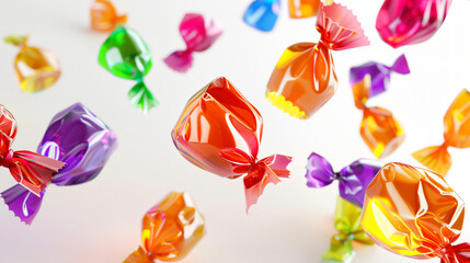 Tasty candies in bright wrappers falling on white background