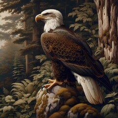 Majestic Bald Eagle Perched Amidst Lush Greenery, Exuding Strength and Freedom, A Symbol of Natural Beauty and Power, Perfect for Wildlife Enthusiasts