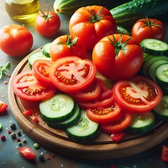 Freshly Sliced Tomatoes and Cucumbers Displayed on a Wooden Board, Sprinkled with Seasoning, Illuminated by Soft Lighting