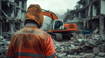 Worker is working with a backhoe, digging, rescuing a collapsed building from an earthquake or from war.