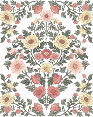 Vector illustration of a floral composition in William Morris style for greeting cards. Embracing Morris's intricate patterns and botanical motifs