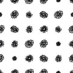 A textile featuring a seamless pattern of black and white flowers on a white background. Monochrome outline vector floral background. Sunflowers sketchy tiled illustration - 787122833