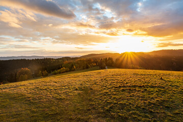 Sunset from Solan hill in autumn Vsetinske vrchy mountains in Czech republic