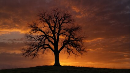A solitary fruit tree on a hill, silhouetted against a fiery sunset sky Generative AI