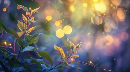 Beautiful bokeh blurred background with lights and tree branches with green leaves with place for text. Ecology, healthy environment, nature, decoration, beauty product concept design backdrop - 787122870