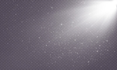 The background is a ray of light or sunbeam vector. It shows an abstract white light shining and flashing like a spotlight, with white sun glitter on a transparent background.