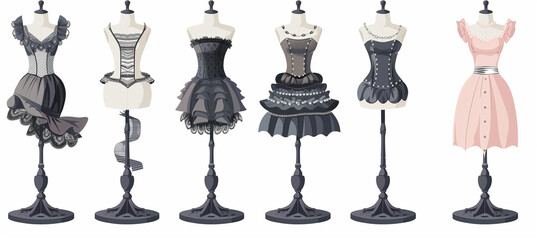 Vector illustration of beautiful retro clothing on mannequins.