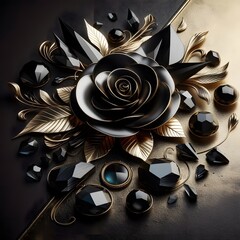 Metal black and gold onyx black rose petals on black and gold, make free space for adding text, high detailed, HDR, HIGH-RES 