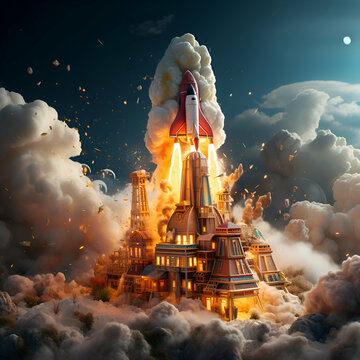 Space rocket launch into the sky. 3D illustration. Fantasy.