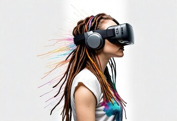  female ,  25 years old, with long dreadlocks featuring multiple colors wearing a virtual reality...