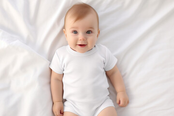 Baby white shirt bodysuit mockup, at white bed background. Design template, print presentation mock-up print on demand, white t-shirt 