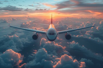 Aircraft ascending through colorful sunset skies - obrazy, fototapety, plakaty