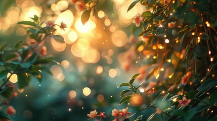 Beautiful bokeh blurred background with lights and tree branches with green leaves with place for text. Ecology, healthy environment, nature, decoration, beauty product concept design backdrop