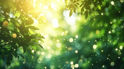 Obraz premium Beautiful bokeh blurred background with lights and tree branches with green leaves with place for text. Ecology, healthy environment, nature, decoration, beauty product concept design backdrop