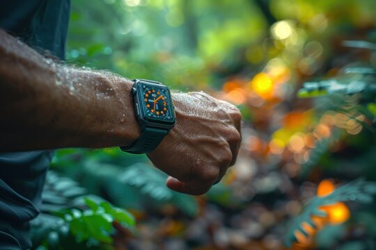A smartwatch on the wrist of a man running among a bright, humid forest. Biohacking concept and fusion of technology with nature