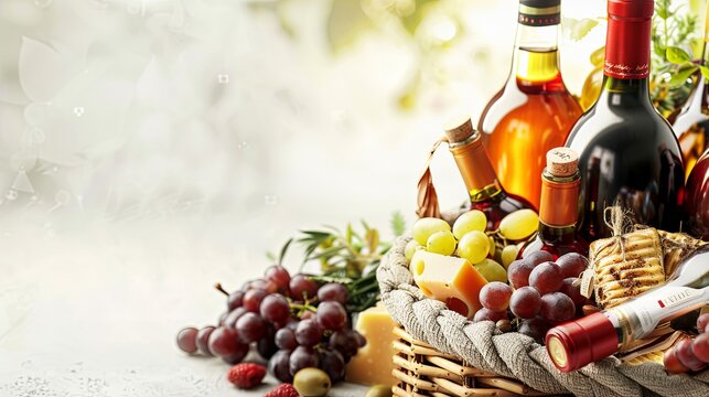 A basket of natural foods including grapes, cheese, olives, and wine bottles