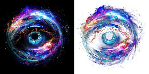 cosmic eye with galaxies swirls, spiritual stardust cosmic energy universe fantasy vision effect, isolated on black and transparent PNG background