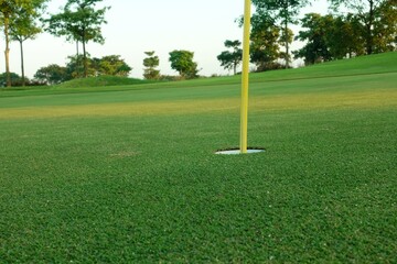 Hole with flagpole in golf course on green grass field.