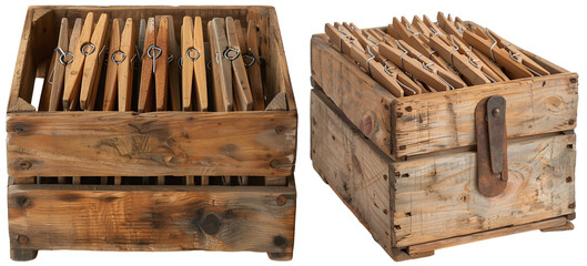 A small wooden box full of clothespins