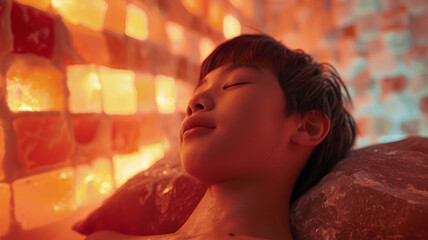 A young boy relaxing in a salt cave