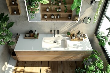 Bathroom with sink, mirror, and plants in a house