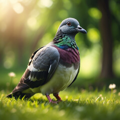 Portrait of a street pigeon against a green background.
