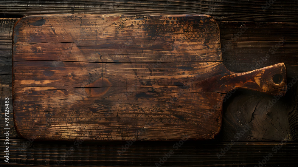 Poster Old cutting board on dark wooden table View from above copy space : Generative AI