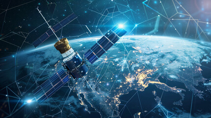Telecom communication satellite orbiting around the globe - obrazy, fototapety, plakaty
