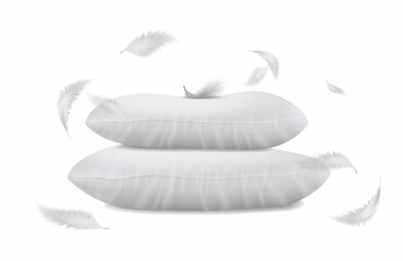 Realistic Vector Illustration Side View White Pillows With Flying Feathers Around Isolated W.Jpg