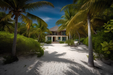 Fototapeta premium Vacation house on the island with palms and sand path. Sunny weather.