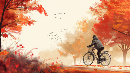 Cyclist Riding Through Autumn Landscape, Fall Foliage Scene with Migratory Birds