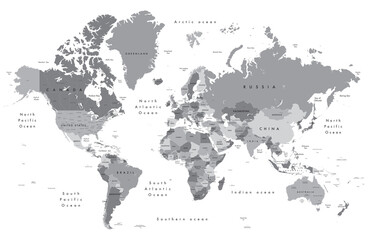 world map, shades of grey, Illustration showing country names, State names (USA & Australia), capital cities, major lakes and oceans. Print at no less than 36