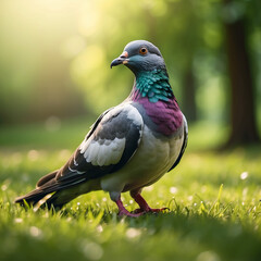 Portrait of a street pigeon against a green background.
 - obrazy, fototapety, plakaty