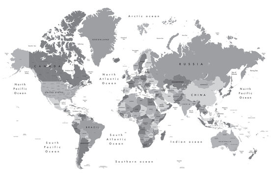 Fototapeta world map, shades of grey, Illustration showing country names, State names (USA & Australia), capital cities, major lakes and oceans. Print at no less than 36". Jpeg image
