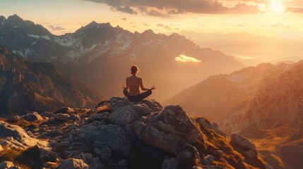 Serene Meditation at Sunrise on Rugged Mountain Peak Overlooking Majestic Valley