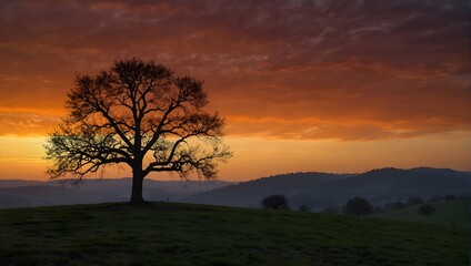 A solitary fruit tree on a hill, silhouetted against a fiery sunset sky Generative AI