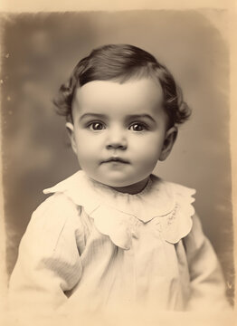 vintage photo of baby 1900s black and white yellowing studio portrait