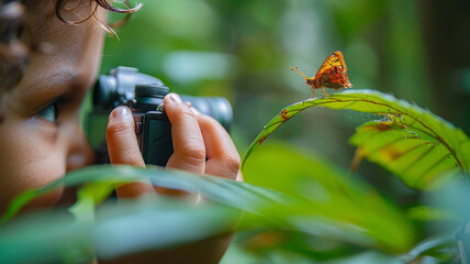 Person photographing a butterfly - obrazy, fototapety, plakaty