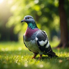Portrait of a street pigeon against a green background.
