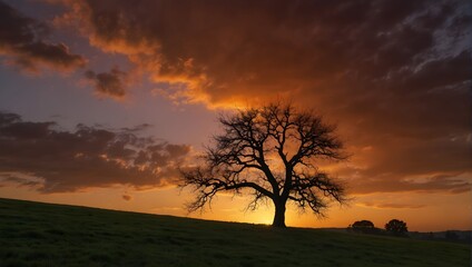 Fototapeta na wymiar A solitary fruit tree on a hill, silhouetted against a fiery sunset sky Generative AI