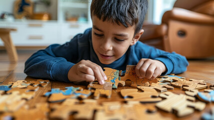 A young boy concentrating on assembling a jigsaw puzzle. - obrazy, fototapety, plakaty