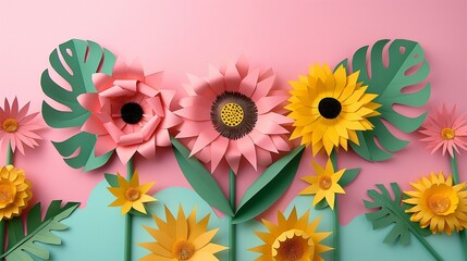 Colorful Paper Craft Flowers and Tropical Leaves on Pink Background