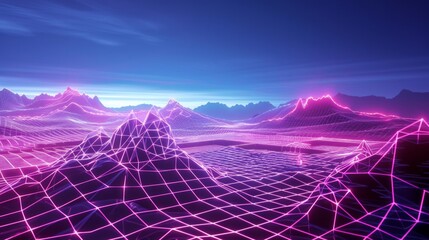 Purple neon wireframe landscape against beautiful blue sky. Cyberpunk scene. Cyberspace concept. Glowing triangular surface. Futuristic wallpaper in style of 80's. Synthwave stylization - obrazy, fototapety, plakaty