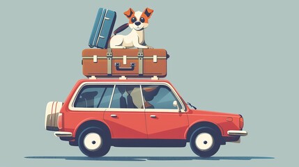 An illustration of a dog waiting for travel in a car loaded with suitcases - obrazy, fototapety, plakaty