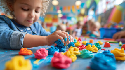 Child playing with playdough in a classroom.