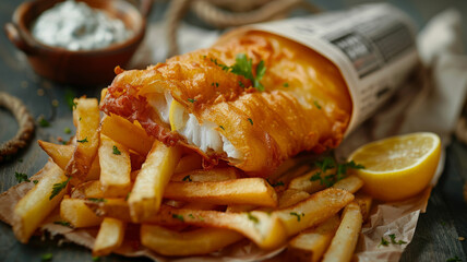 Fish and chips with lemon and parsley.