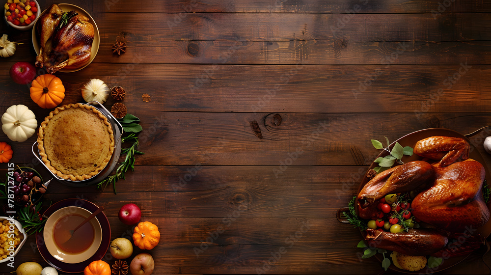 Wall mural Traditional Thanksgiving turkey dinner Top view double border on a dark wood banner background with copy space Turkey mashed potatoes dressing pumpkin pie and sides : Generative AI