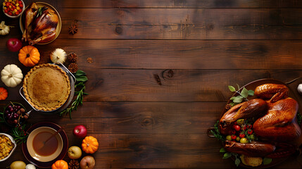 Traditional Thanksgiving turkey dinner Top view double border on a dark wood banner background with copy space Turkey mashed potatoes dressing pumpkin pie and sides : Generative AI