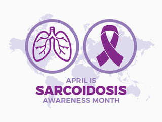 April is Sarcoidosis Awareness Month poster vector illustration. Purple awareness ribbon and human lungs icon vector. Template for background, banner, card. Important day