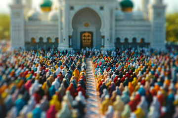 Eid al-Adha concept - A large group of Muslims gathered for the special Eid prayer 